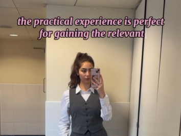Solicitor graduate apprenticeship student taking a mirror selfie in professional workwear, highlighting practical legal experience and workplace-based training.